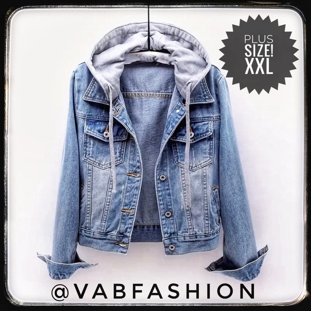 Women's Button Up Blue Denim Jacket with Gray Hood And Pockets